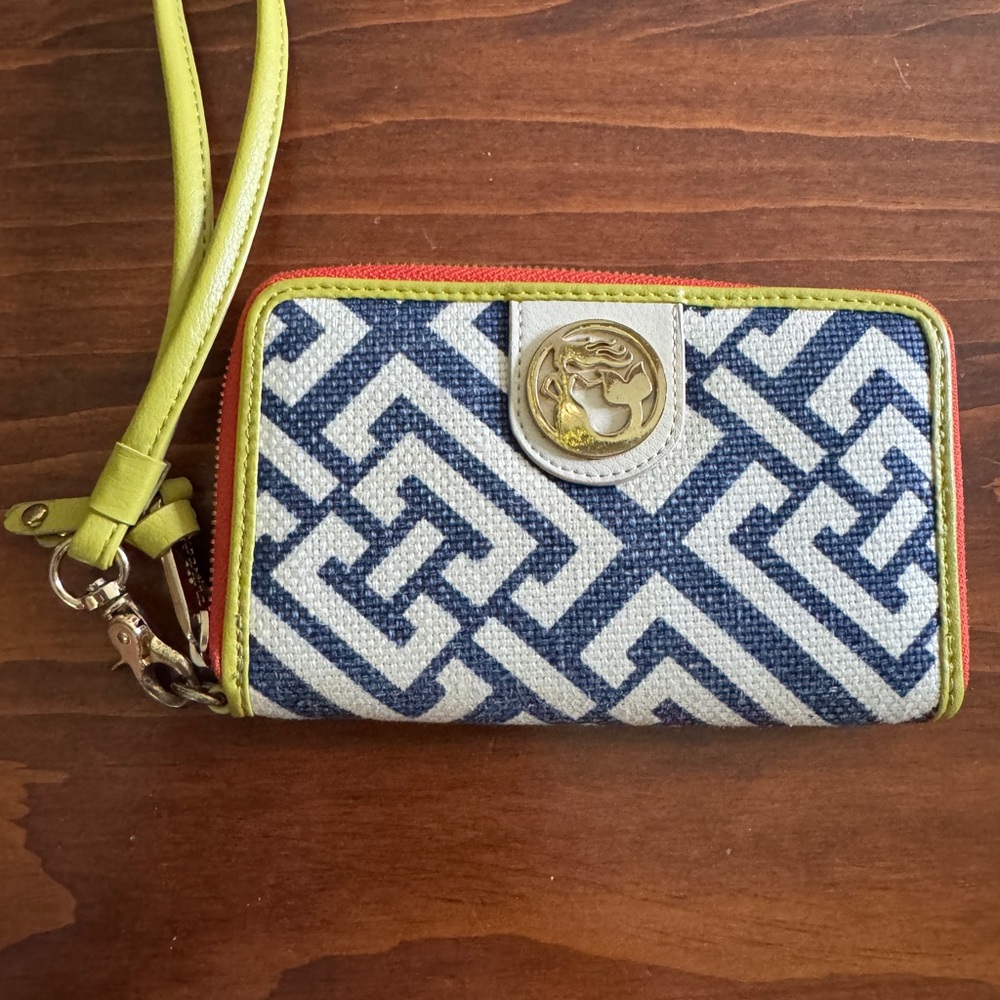 Spartina Blue and Green Geometric Wallet Wristlet with Gold Accents